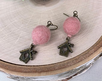 Felt Bobble Birdhouse Earrings - Pink