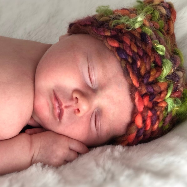 Watermelon Newborn Baby Hat - Merino Wool, Silky Mohair Locks