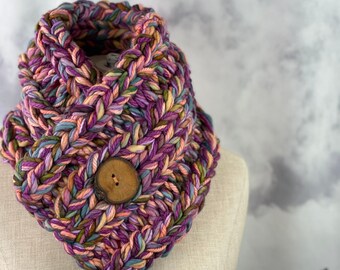 Aurora Borealis Scarflette - Merino Wool, Tree Branch Wood Button