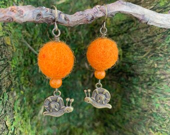 Felt Bobble Snail Earrings - Tangerine Orange