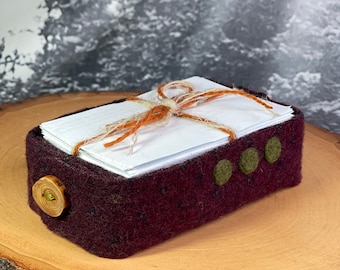 Note Paper Upcycled Felt Box - Scrap Paper Holder - Desk Organizer - Plum/Olive