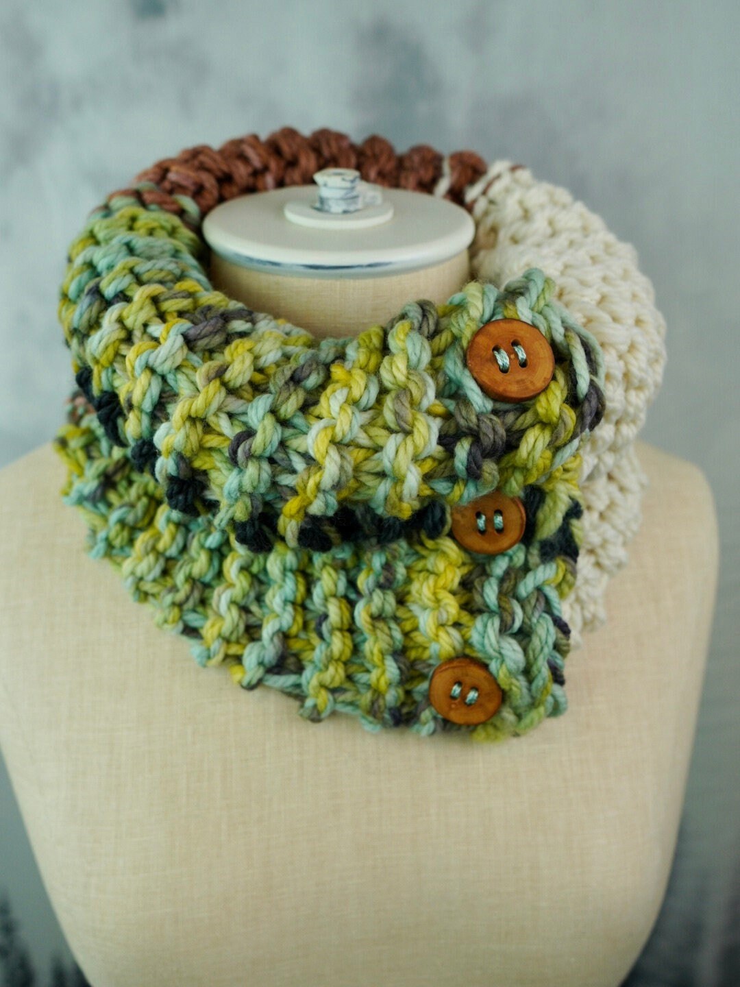 Watercress Color Block Button Cowl Merino Wool and Tree Branch Buttons