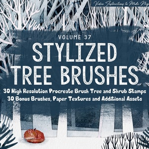Puede incluir: Una ilustración digital de pinceles de árboles estilizados para Procreate. La imagen presenta un fondo azul con texto blanco que dice "Volumen 37 Stylized Tree Brushes". El texto "30 High Resolution Procreate Brush Tree and Shrub Stamps" y "30 Bonus Brushes, Paper Textures and Additional Assets" también está incluido.