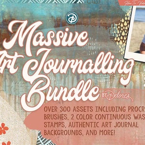 May include: A digital art journal bundle with over 300 assets, including Procreate brushes, two-colour continuous washi tape, stamps, authentic art journal backgrounds, and more. The image features a colourful, textured background with the text "Massive Art Journaling Bundle" in white.