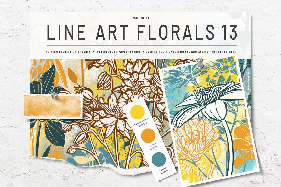 Volume 54 – Line Art Flowers 13, Procreate Watercolor Brushes & Stamps ...
