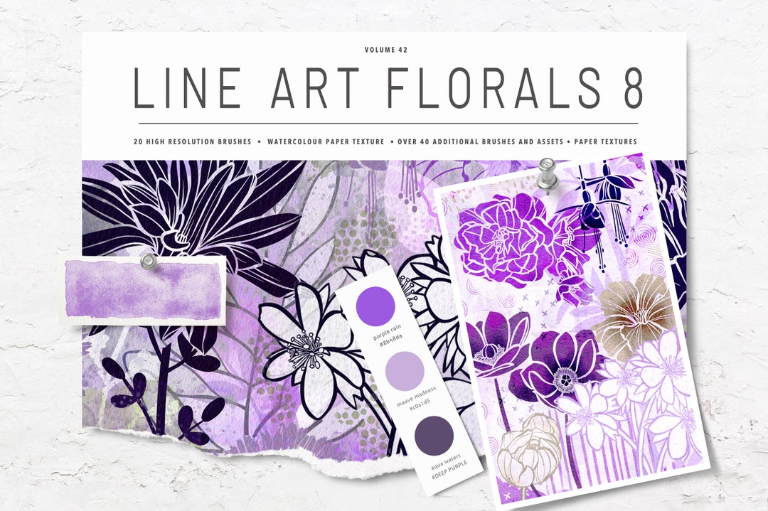 Volume 42 – Line Art Flowers 8, Procreate Watercolor Brushes & Stamps ...