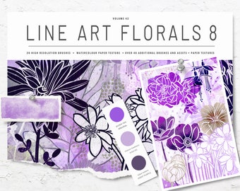 Volume 42 – Line Art Flowers 8, Procreate Watercolor Brushes & Stamps Bundle, iPad Brushes