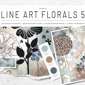 May include: A digital illustration of line art floral designs in black, brown, and blue. The image includes the text "LINE ART FLORALS 5" and "VOLUME 29".