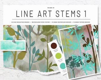 Volume 28 – Line Art Flower Stems 1, Procreate Watercolor Brushes & Stamps Bundle, iPad Brushes