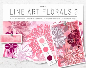 Volume 47 – Line Art Flowers 9, Procreate Watercolor Brushes & Stamps Bundle, iPad Brushes