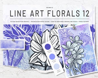 Volume 53 – Line Art Flowers 12, Procreate Watercolor Brushes & Stamps Bundle, iPad Brushes