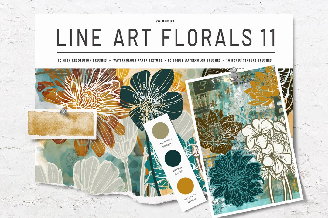 Volume 50 – Line Art Flowers 11, Procreate Watercolor Brushes & Stamps ...