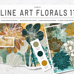 ボリューム 50 – ライン アート フラワー 11、Procreate 水彩ブラシ & スタンプ バンドル、iPad ブラシ
