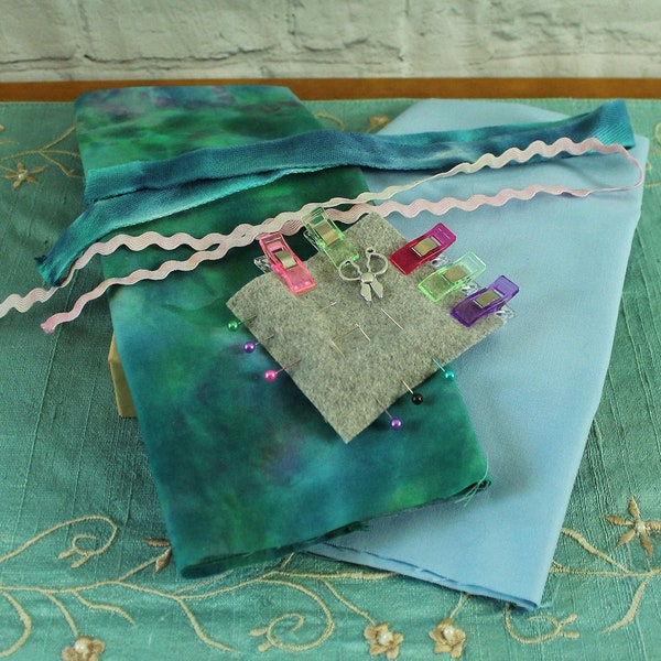 Sew Fun Box Sewing Kit/Slow Stitch Kit with a Hand Dyed Fat Quarter, a Solid Fat Quarter (Light Blue), Hand Dyed Ribbon/Rick Rack Trim, etc.