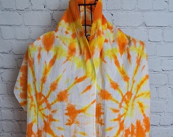 Tie Dyed Scarf Hand Dyed in Yellow and Orange Light Weight Cotton 57 1/2 inches x 15 inches Neck Scarf Hair Scarf