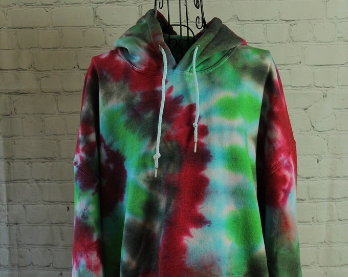 Tie-dyed Adult Pullover Hooded Sweatshirt, Size XL, Long Sleeves, Pockets, Drawstring Hood, Green, Red, Gray