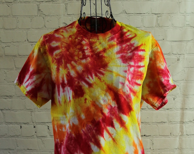 Tie-dyed Adult T-Shirt, Size Small, Short Sleeves, Cotton, Red and Yellow and Orange