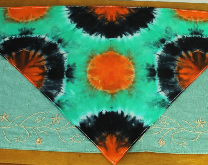 Dog Bandanna Hand Tie Dyed in Green, Orange and Black, 30" long