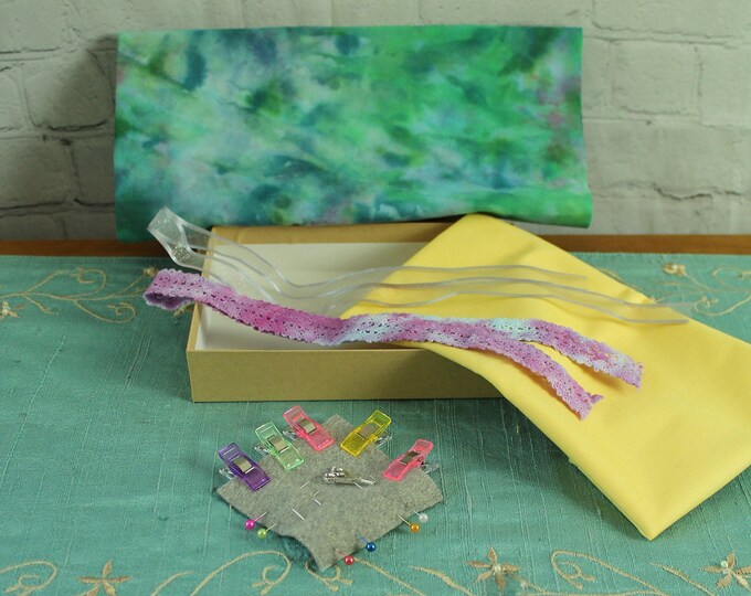 Sew Fun Box Sewing Kit/Slow Stitch Kit with a Hand Dyed Fat Quarter, a Solid Fat Quarter (Light Yellow), Hand Dyed Lace/Ribbon, Floss, More