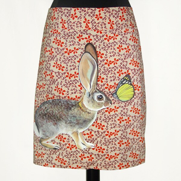 Cottontail Rabbit Meets Butterfly skirt - handpainted by NYhop - one of a kind, upcycled knee length spring floral A line - size XL (USA 16)