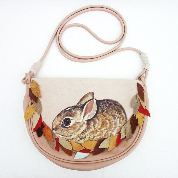 SALE - Bunny awake in the leaves purse - handpainted, upcycled dusty pink leather shoulder bag - OOAK by NYhop