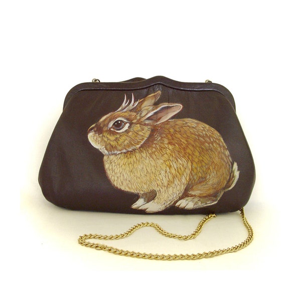 Reserved for Martina - Little Jackalope Purse - Handpainted - deep brown leather with long gold chain - Vintage, OOAK