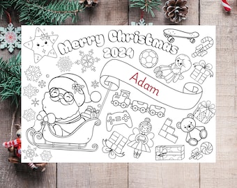 May include: Black and white coloring page with a Christmas theme. Santa Claus in a sleigh, snowflakes, and gifts are featured. The text "Merry Christmas 2024" and the name "Adam" are also included.