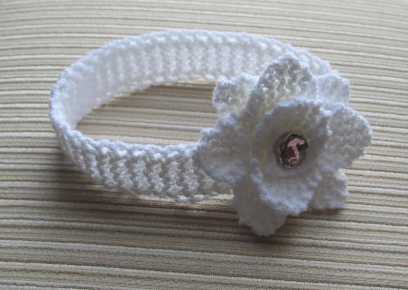 Knitting Pattern Instant Download 142 White Headband with a Rose for a Baby Girl, Sport or DK Yarn image 1