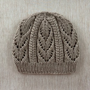 Puede incluir: Un gorro de punto marrón con un patrón de trenza. El gorro tiene un ala ancha y un ajuste holgado.