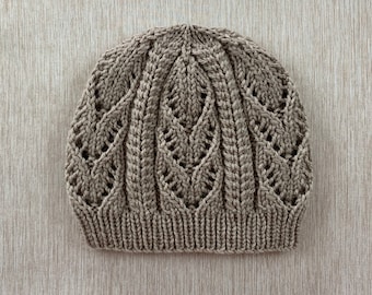 Knitting Pattern Instant Download #302 Hat with Cables and Lacy Leaves in One Size Child/Adult, Seamless, Medium Worsted Yarn