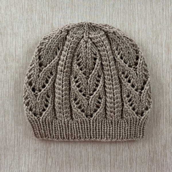 Knitting Pattern Instant Download #302 Hat with Cables and Lacy Leaves in One Size Child/Adult, Seamless, Medium Worsted Yarn