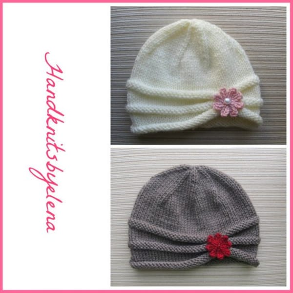 Knitting Pattern Instant Download #161 Rolled Brim Hat with a Flower, Sizes 6-9 Months, 2-4 Years and Adult, Medium Worsted Yarn, Seamed