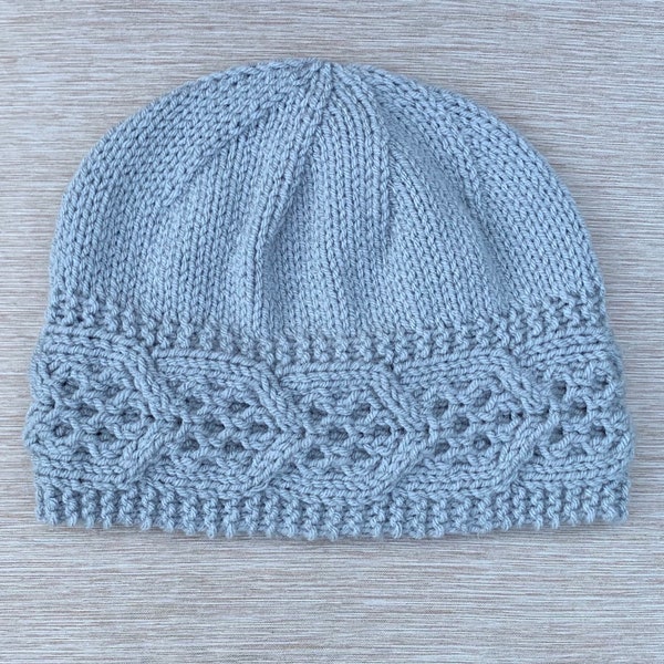 Knitting Pattern Instant Download #294  Hat "Kyra" in One Size Child-Adult, Medium Worsted Yarn. Seamed Border, Top knitted in the Round