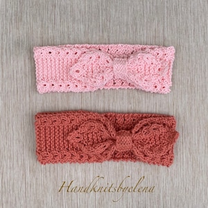 May include: Two knitted headbands featuring a central bow detail. The top headband is light pink, and the bottom headband is a muted terracotta colour. Both items display a textured, repeating stitch pattern. The text Handknitsbyelena is visible.