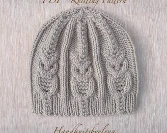 Knitting Pattern Instant Download #303 Hat with Owls, One Size Child-Adult, Medium Worsted Yarn, Seamless