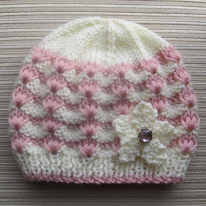 Knitting Pattern Instant Download 84 White and Pink Hat, Sizes 12 months and 2-4 years, Medium Worsted/Aran Yarn, Seamed image 1