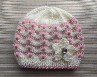 Knitting Pattern Instant Download #84 White and Pink Hat, Sizes  12 months and 2-4 years, Medium Worsted/Aran Yarn, Seamed