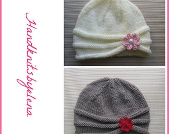 Instant Download #161 Knitting Pattern Rolled Brim Hat with a Flower in Sizes 6-9 Months, 2-4 Years and Adult, Medium Worsted Yarn, Seamed