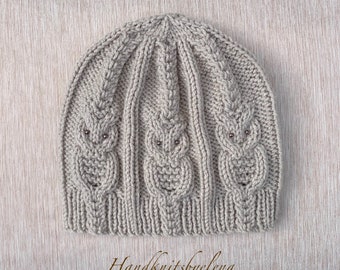 Knitting Pattern Instant Download #303 Hat with Owls, One Size Child-Adult, Medium Worsted Yarn, Seamless