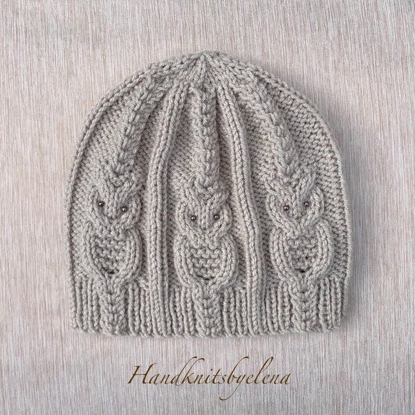 Knitting Pattern Instant Download #303 Hat with Owls, One Size Child-Adult, Medium Worsted Yarn, Seamless