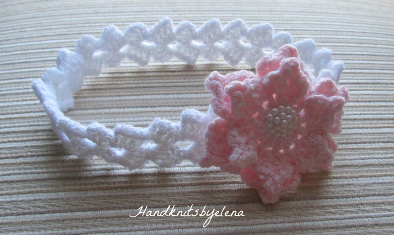 Crochet Pattern Instant Download 156 Baby Headband with a Pink Rose in sizes 0-3, 3-6, 6-12 Months, Sport or DK Yarn image 1