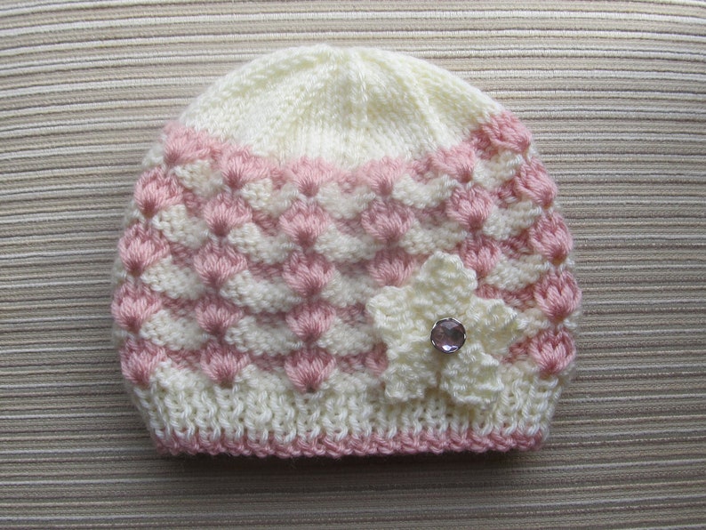 Knitting Pattern Instant Download 84 White and Pink Hat, Sizes 12 months and 2-4 years, Medium Worsted/Aran Yarn, Seamed image 2