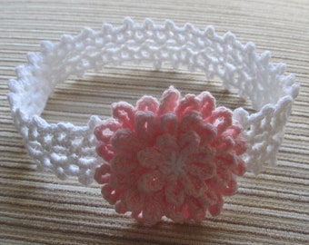 Instant Download Crochet Pattern #85 White Lacy Headband with a PInk Flower, Sport or DK Yarn