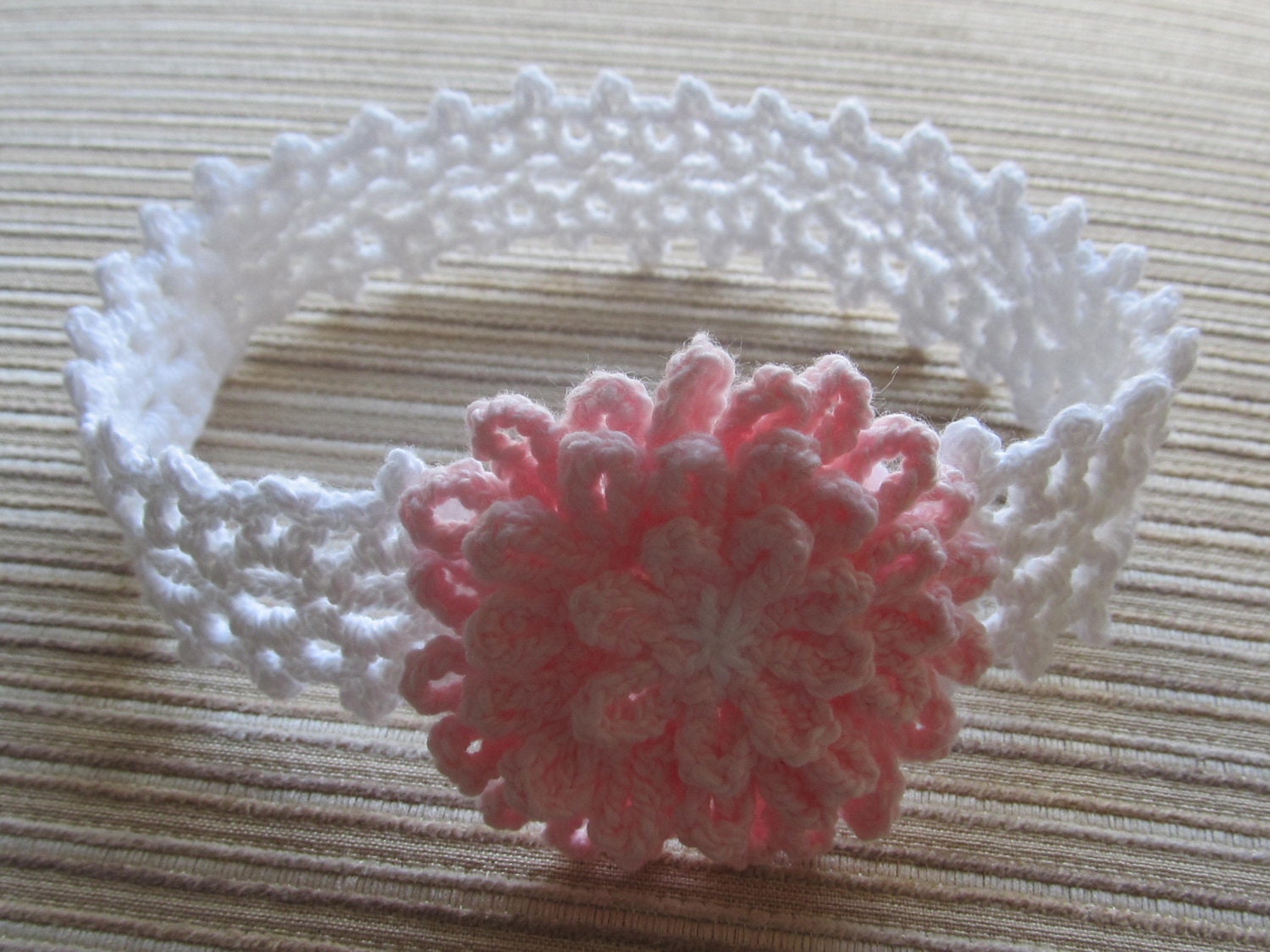 Crochet Pattern 85 White Lacy Headband with a PInk Flower