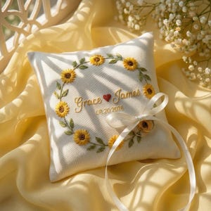 Personalized Sunflower Ring Bearer Pillow, Custom Embroidered Wedding Ring Pillow with Names & Date, Summer Ceremony Cushion