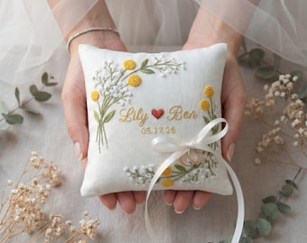 Personalized Yellow Flowers Linen Ring Bearer Pillow, Hand Embroidered Wedding Ring Pillow, Bride Groom Keepsake Gift, Wedding Accessory