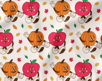 Pumpkin Apple Leaves Fabric by the Yard or Fat Quarter - Fall Fabric - Quilting Cotton, Jersey, Minky, Organic Cotton - Retro Fabric