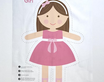 Personalized Rag Doll Fabric Panel, DIY Pink Dress Doll Sewing Pattern, Custom Doll Fabric Panel