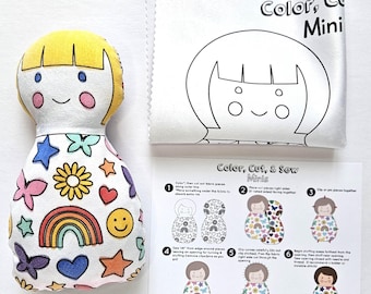 DIY Color Your Own Mini Plush Doll Kit, Kids Sewing Craft, Cut and Sew Doll Panel