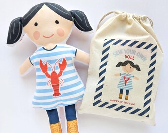 Sew Your Own Lobster Girl Doll Kit, Beginner Sewing Kit for Kids & Adults, Cut and Sew Doll Craft Kit